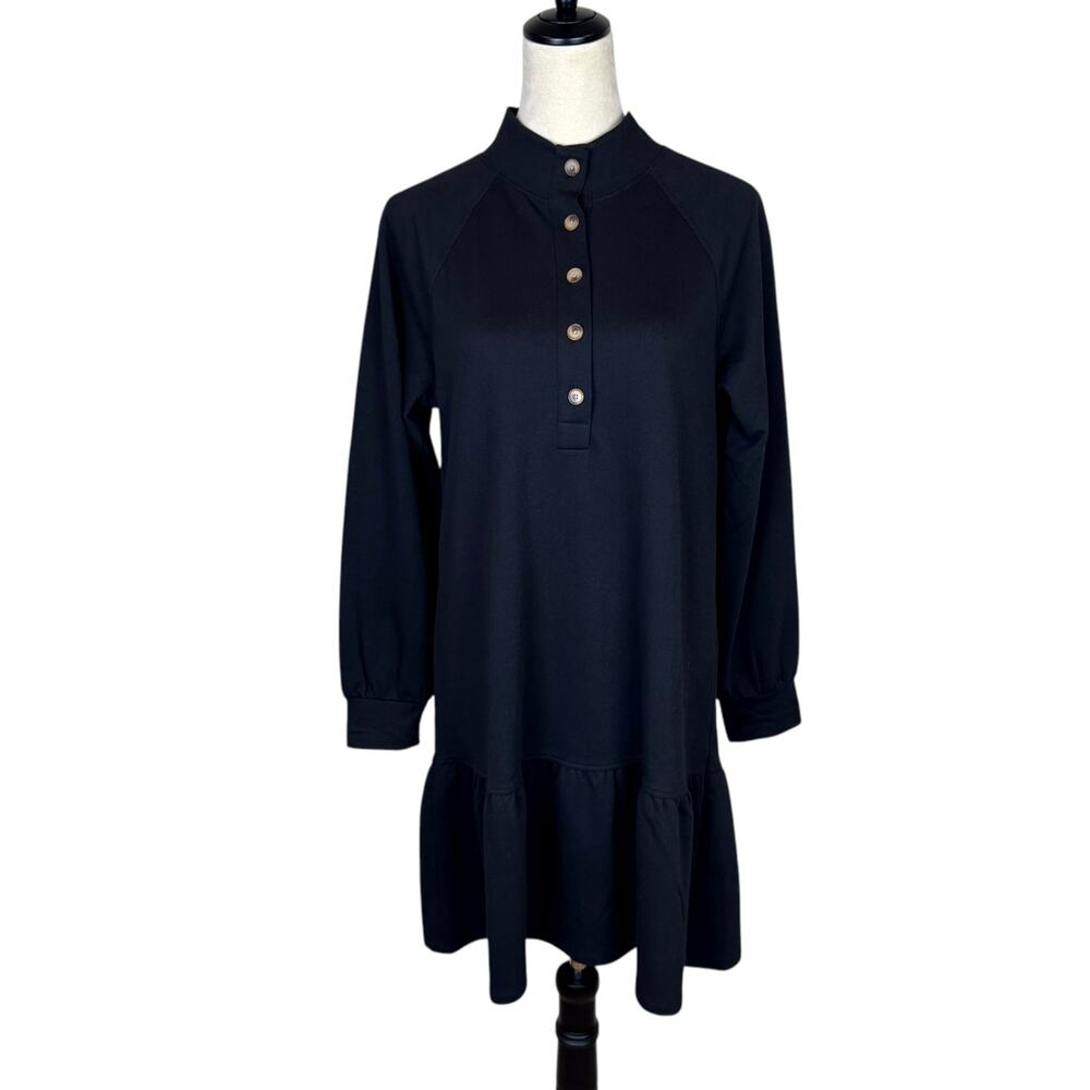 LOFT Black Knit Long Sleeve Mock Neck Popover Henley Drop Waist Mini Terry Dress